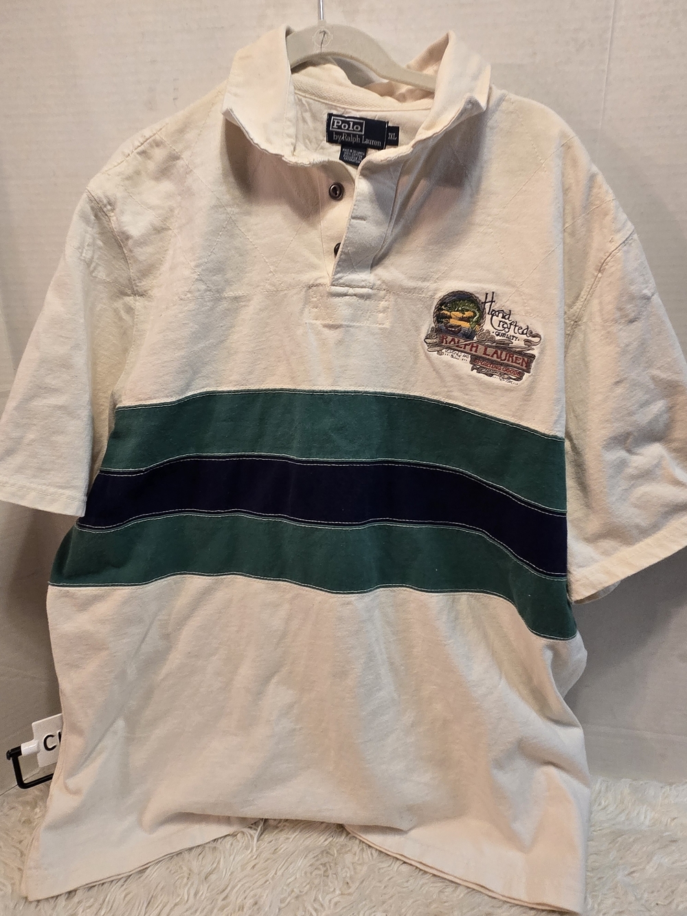 Polo by Ralph Lauren Men’s Cream Rugby Shirt with Green & Navy Stripes